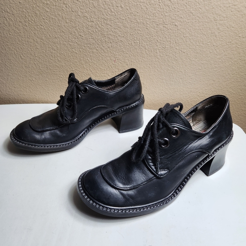 Esprit Womens |8.5| VTG Y2K Black Leather Chunky Block Heel Oxford Lace Up Shoes - Picture 3 of 10